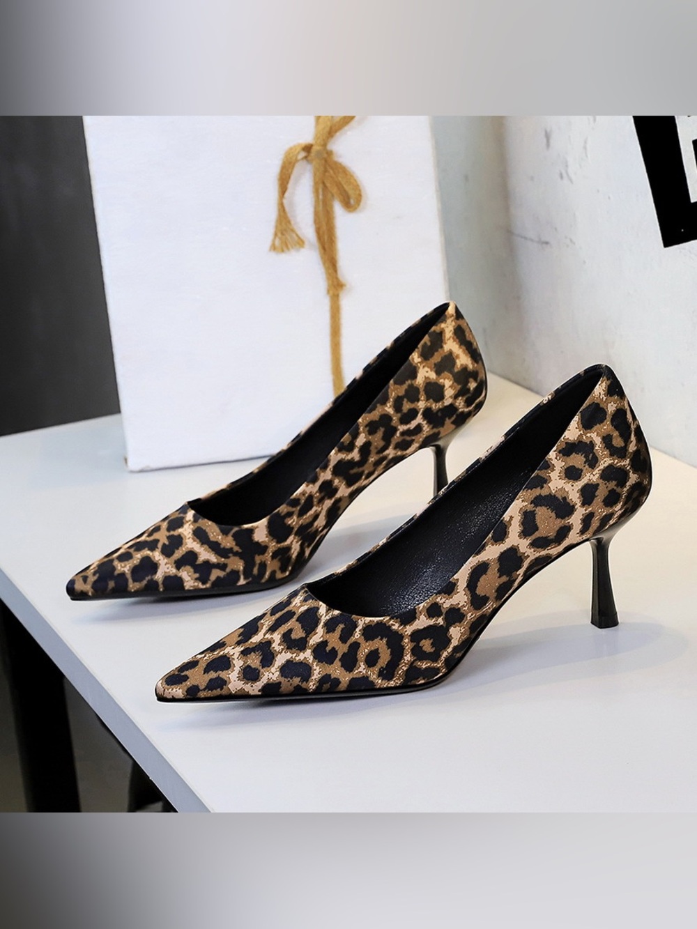 Leopard Print Pointed-Toe Heels in Tan and Black